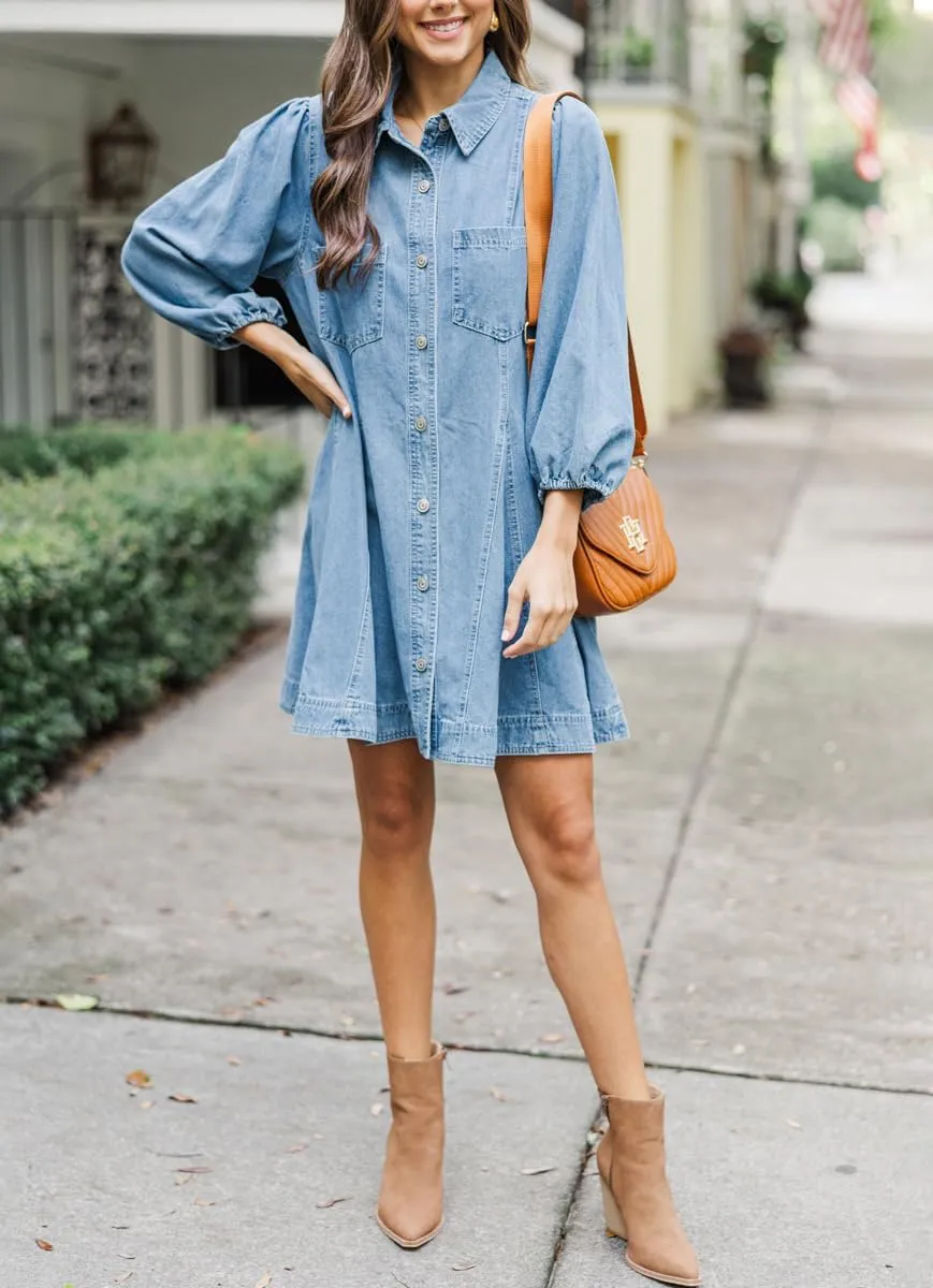 chouyatou Women's Summer 3/4 Sleeve Denim Shirt Dress Business Casual Button Down Midi Long Jean Tunic Dress