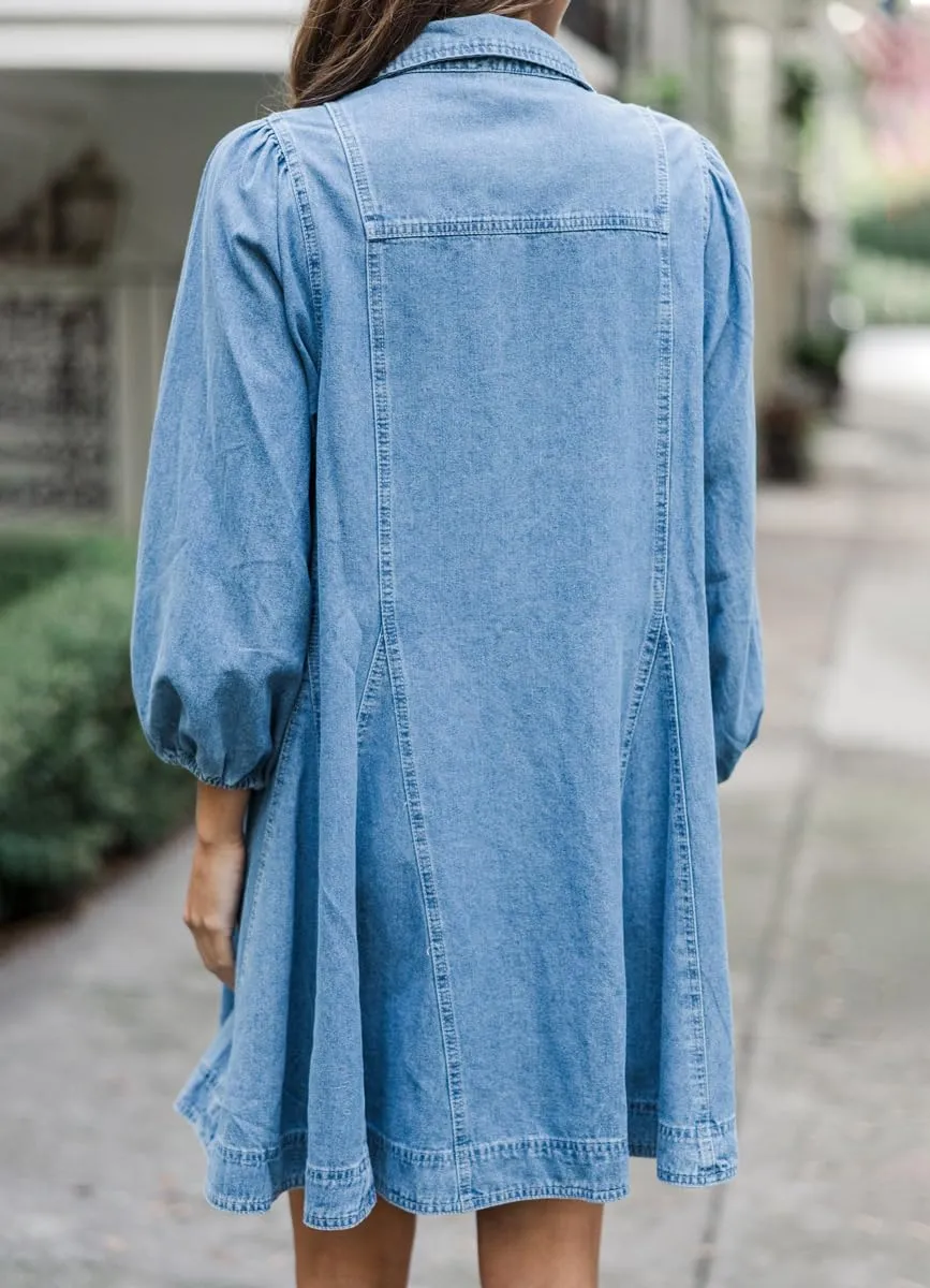 chouyatou Women's Summer 3/4 Sleeve Denim Shirt Dress Business Casual Button Down Midi Long Jean Tunic Dress