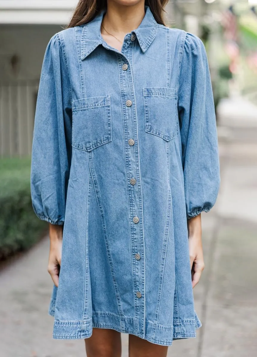 chouyatou Women's Summer 3/4 Sleeve Denim Shirt Dress Business Casual Button Down Midi Long Jean Tunic Dress