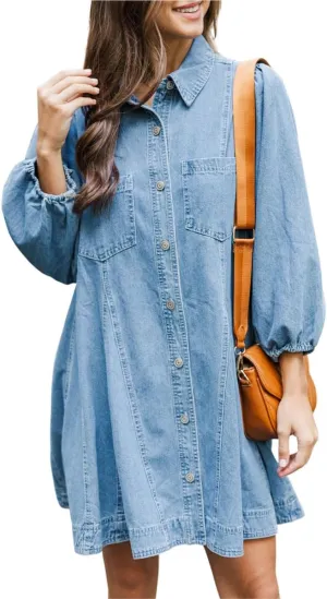 chouyatou Women's Summer 3/4 Sleeve Denim Shirt Dress Business Casual Button Down Midi Long Jean Tunic Dress