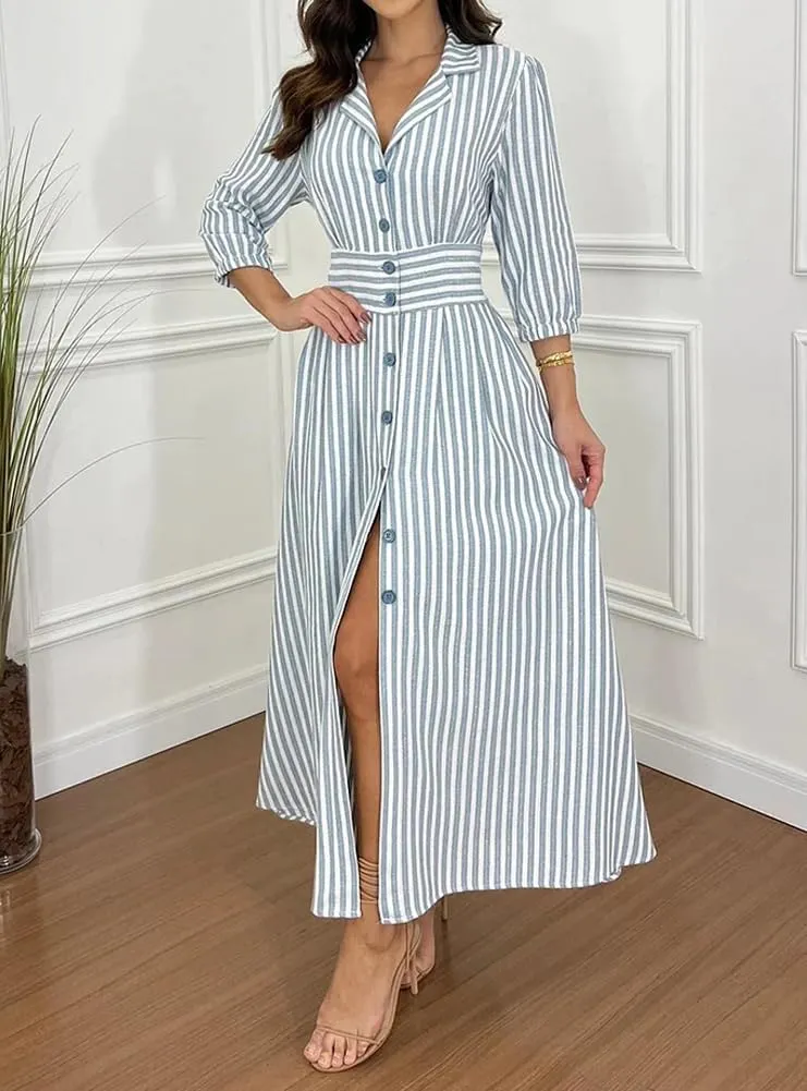 chouyatou Women's Summer 3/4 Sleeve Striped Shirt Dress Elastic High Waisted Beach Maxi Long Button Down Dress