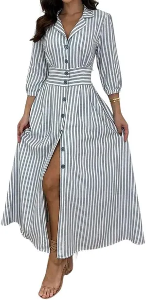 chouyatou Women's Summer 3/4 Sleeve Striped Shirt Dress Elastic High Waisted Beach Maxi Long Button Down Dress