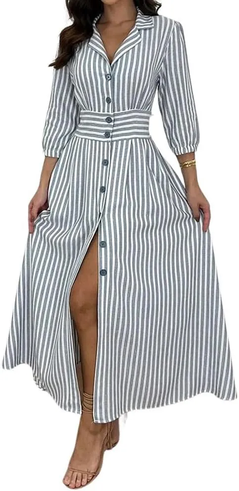 chouyatou Women's Summer 3/4 Sleeve Striped Shirt Dress Elastic High Waisted Beach Maxi Long Button Down Dress