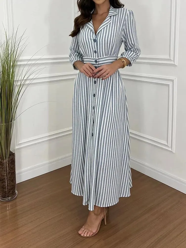 chouyatou Women's Summer 3/4 Sleeve Striped Shirt Dress Elastic High Waisted Beach Maxi Long Button Down Dress