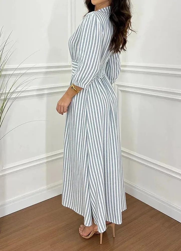 chouyatou Women's Summer 3/4 Sleeve Striped Shirt Dress Elastic High Waisted Beach Maxi Long Button Down Dress