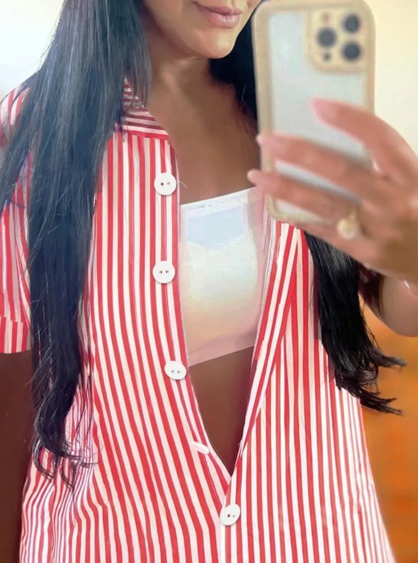 chouyatou Women's Summer Short Sleeve Striped Shirt Dress Casual Loose Button Down Maxi Long Beach Dress