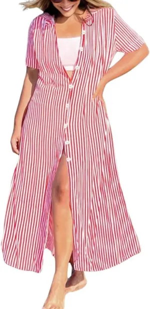 chouyatou Women's Summer Short Sleeve Striped Shirt Dress Casual Loose Button Down Maxi Long Beach Dress