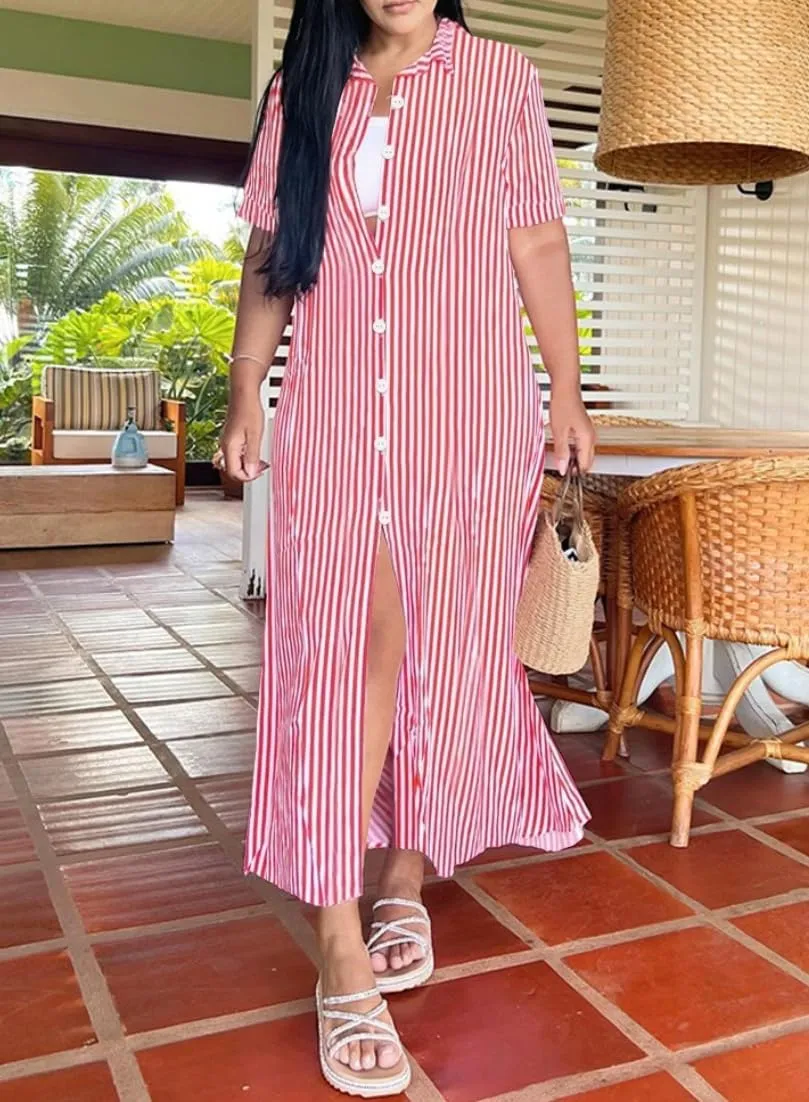 chouyatou Women's Summer Short Sleeve Striped Shirt Dress Casual Loose Button Down Maxi Long Beach Dress