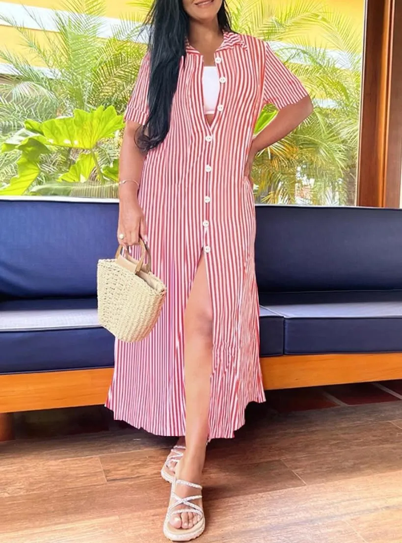 chouyatou Women's Summer Short Sleeve Striped Shirt Dress Casual Loose Button Down Maxi Long Beach Dress
