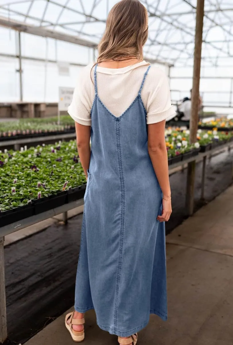 chouyatou Women's Summer Spaghetti Strap Denim Dress A-Line Overall Dress Flowy Swing Maxi Long Jean Dress