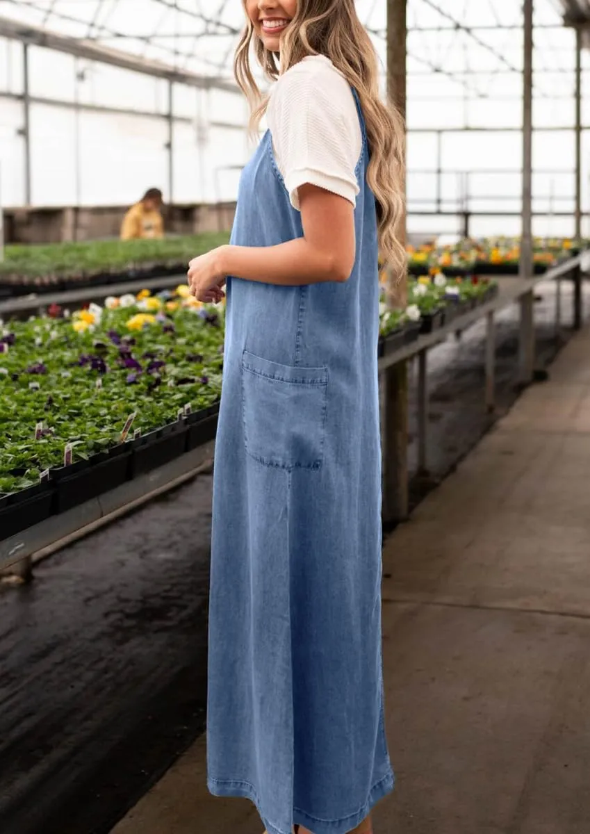 chouyatou Women's Summer Spaghetti Strap Denim Dress A-Line Overall Dress Flowy Swing Maxi Long Jean Dress