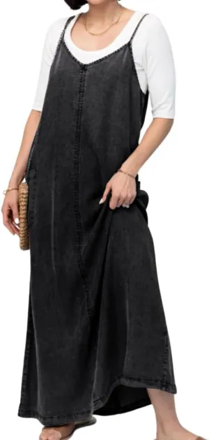 chouyatou Women's Summer Spaghetti Strap Denim Dress A-Line Overall Dress Flowy Swing Maxi Long Jean Dress