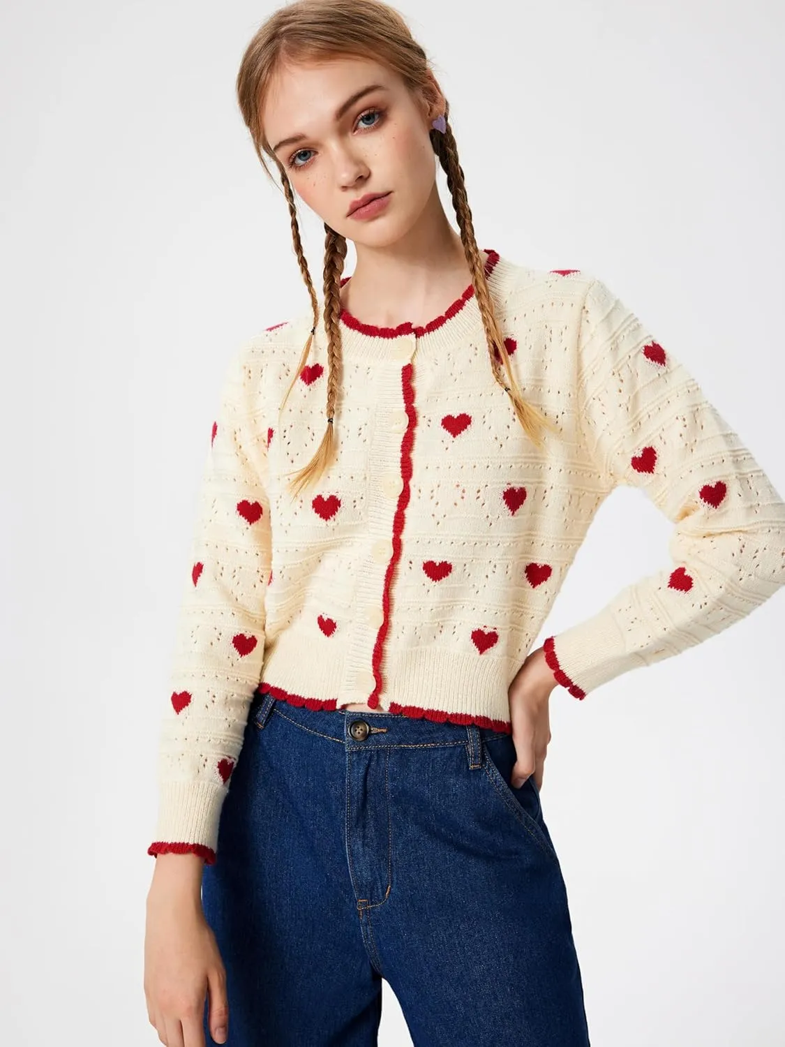 CIDER Women's Cardigan Crew Neck Heart Print Color Block Button Down Crop Top Long Sleeve Cute Cardigan