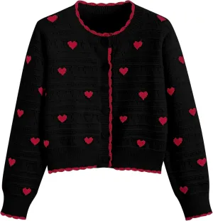 CIDER Women's Cardigan Crew Neck Heart Print Color Block Button Down Crop Top Long Sleeve Cute Cardigan