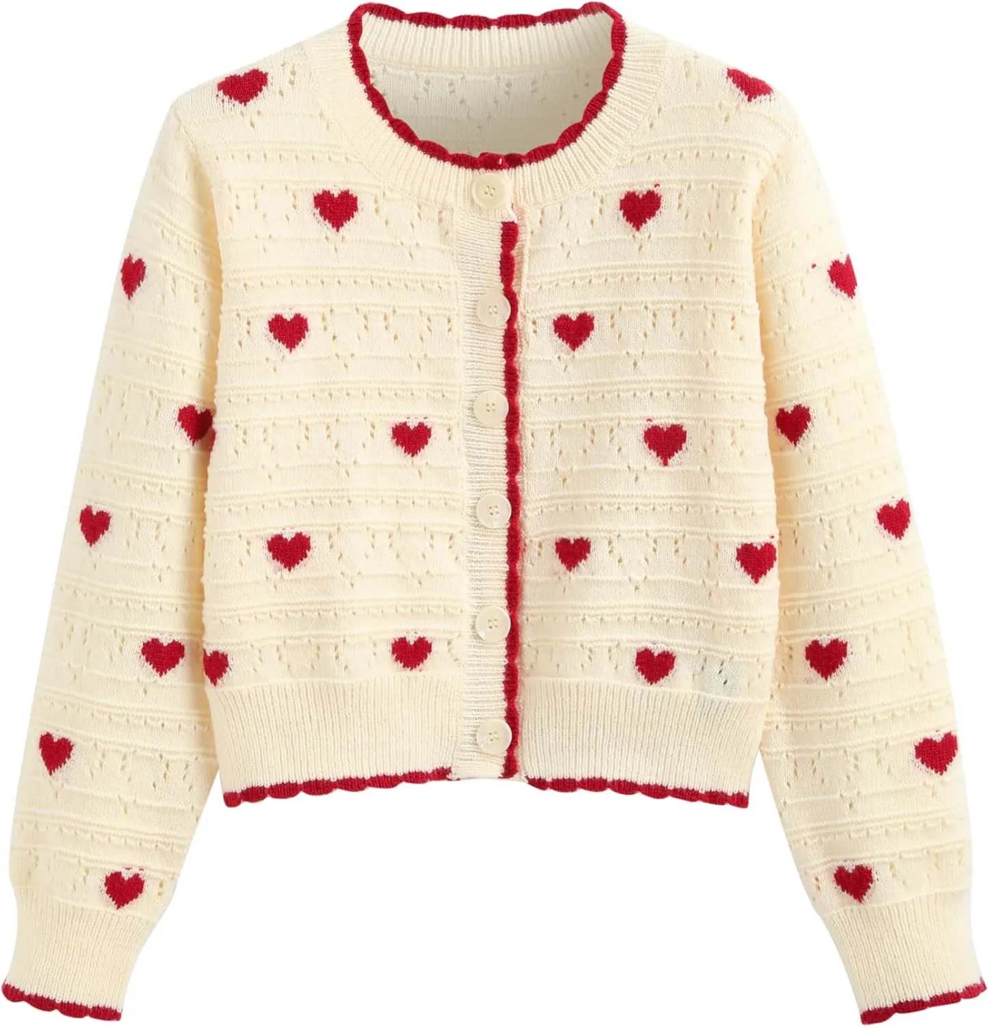 CIDER Women's Cardigan Crew Neck Heart Print Color Block Button Down Crop Top Long Sleeve Cute Cardigan
