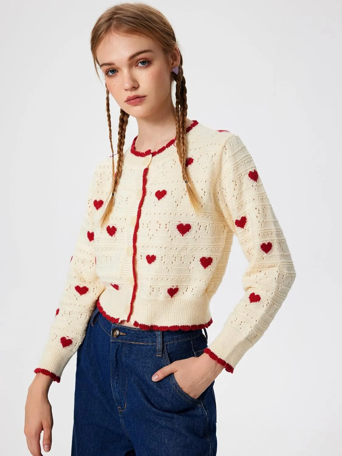 CIDER Women's Cardigan Crew Neck Heart Print Color Block Button Down Crop Top Long Sleeve Cute Cardigan
