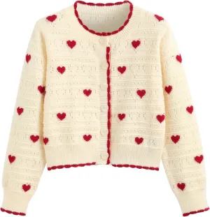 CIDER Women's Cardigan Crew Neck Heart Print Color Block Button Down Crop Top Long Sleeve Cute Cardigan