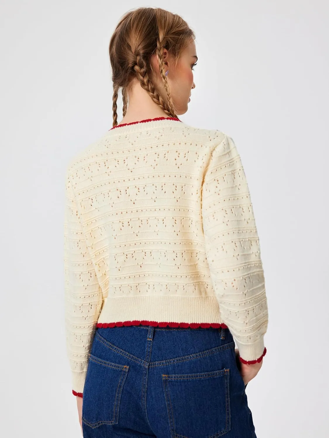 CIDER Women's Cardigan Crew Neck Heart Print Color Block Button Down Crop Top Long Sleeve Cute Cardigan