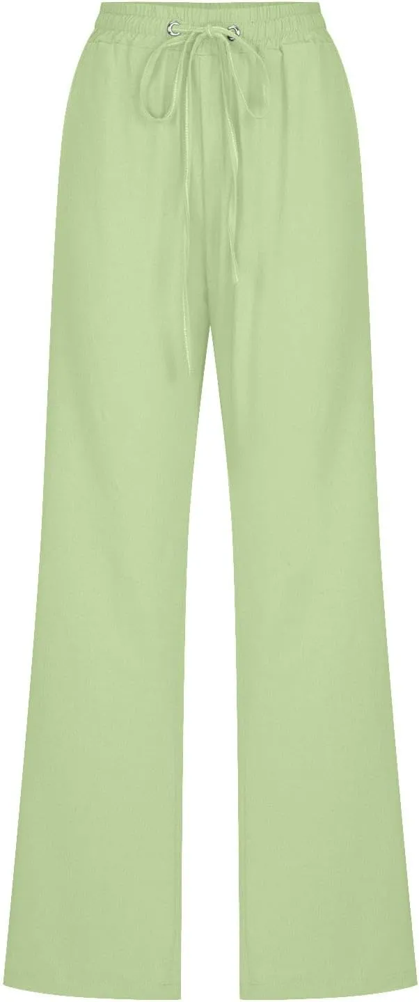 Cotton Linen Pants Women Summer Elastic High Waisted Pant Solid Wide Leg Trousers Casual Tie Waist Straight Pants