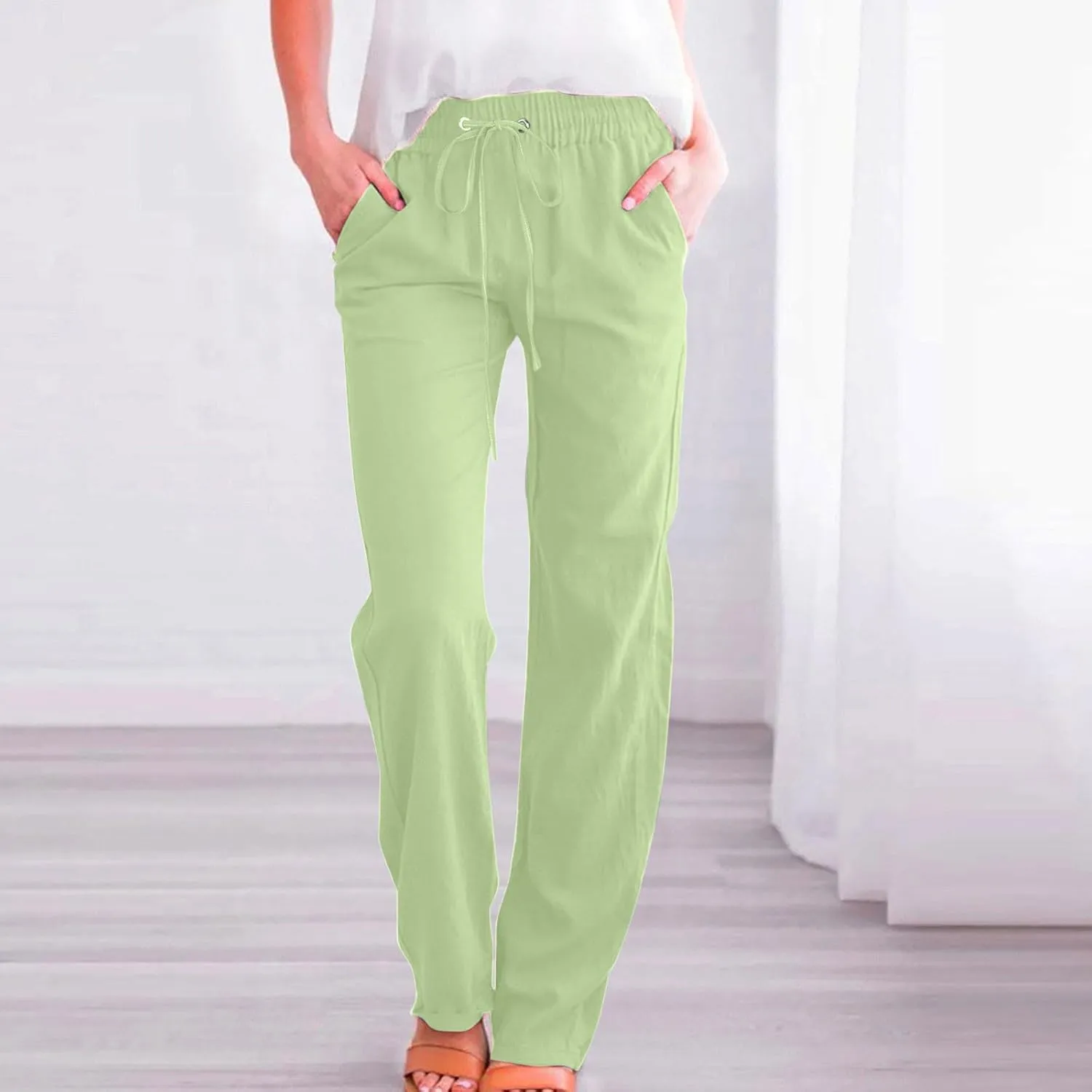 Cotton Linen Pants Women Summer Elastic High Waisted Pant Solid Wide Leg Trousers Casual Tie Waist Straight Pants