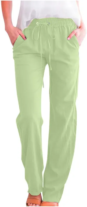 Cotton Linen Pants Women Summer Elastic High Waisted Pant Solid Wide Leg Trousers Casual Tie Waist Straight Pants