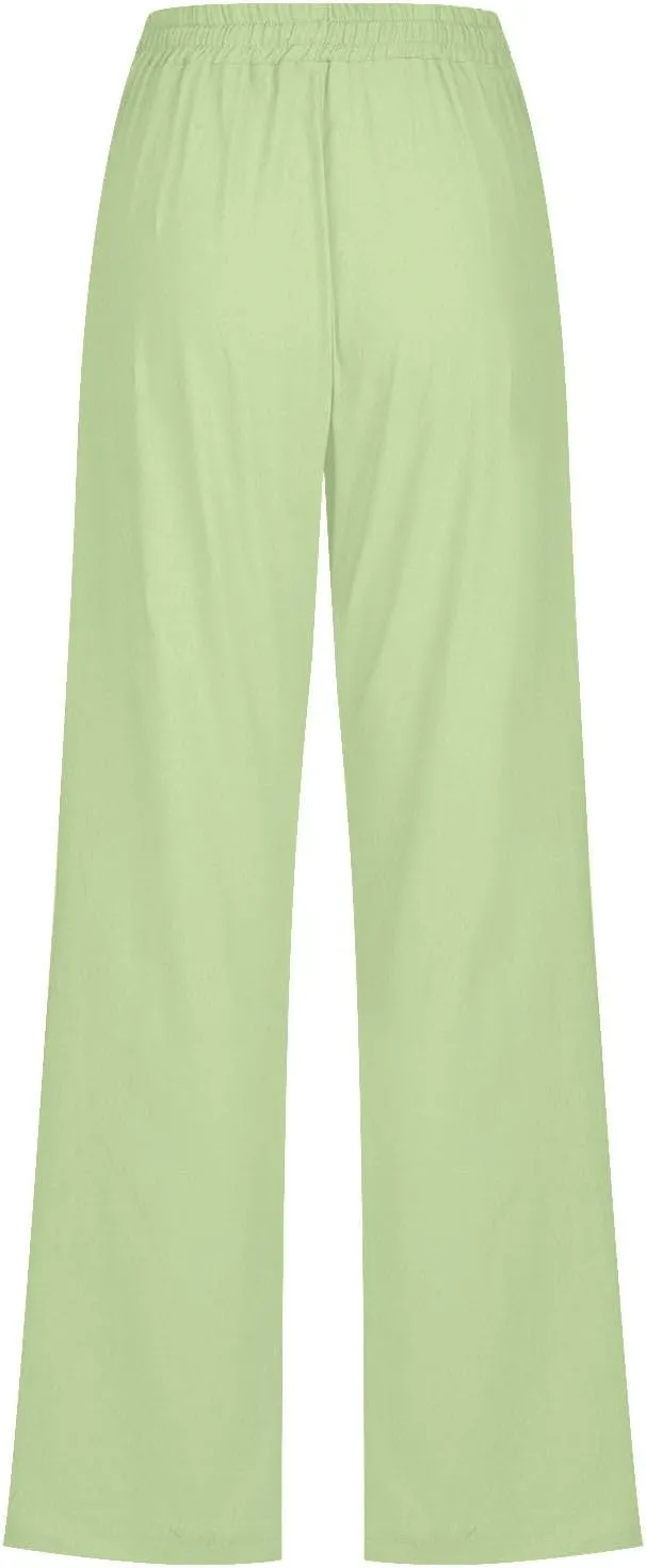 Cotton Linen Pants Women Summer Elastic High Waisted Pant Solid Wide Leg Trousers Casual Tie Waist Straight Pants