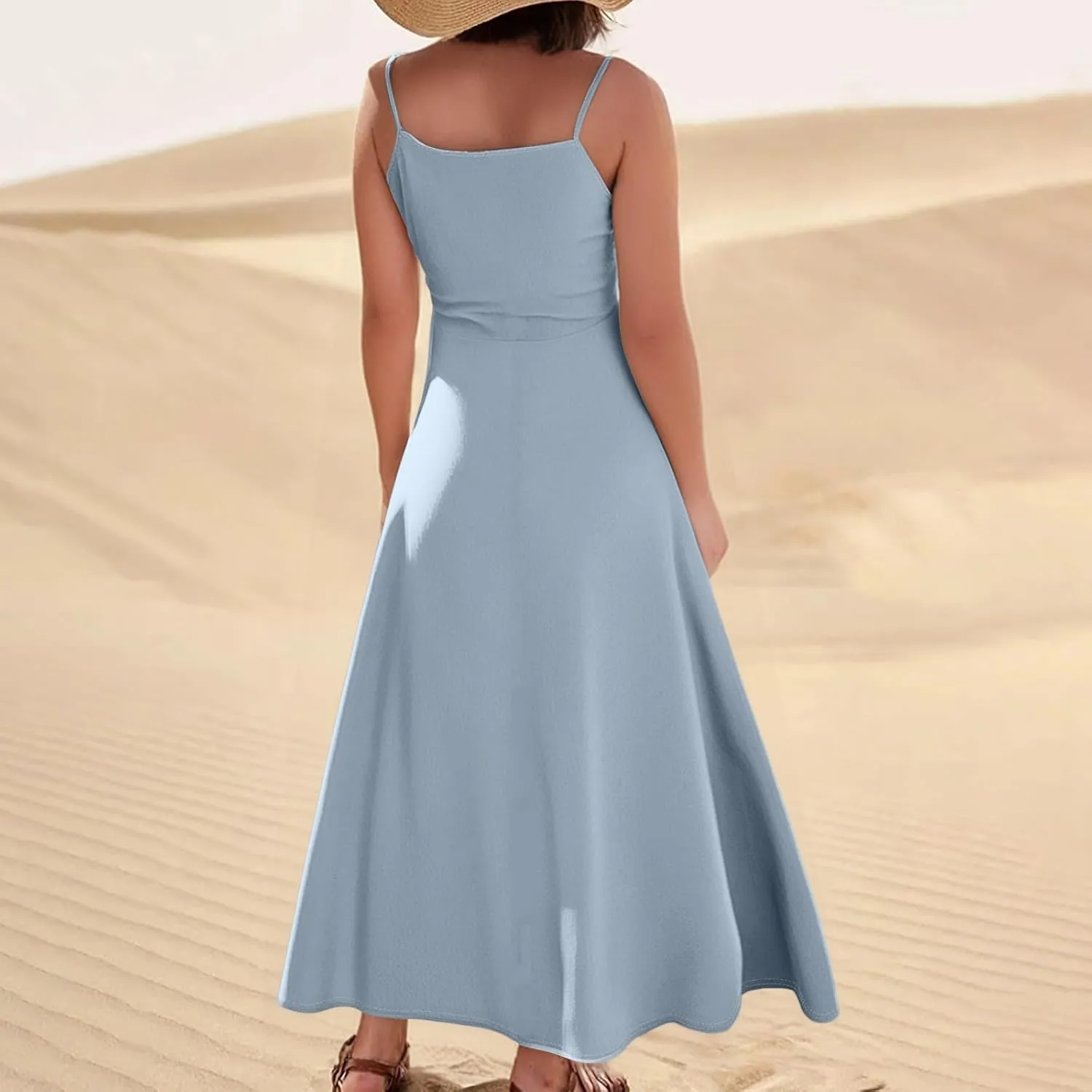 Cotton Linen Sundress for Women Plus Size Sleeveless Spaghetti Strap Midi Dress Loose Beach Vacation with Pockets