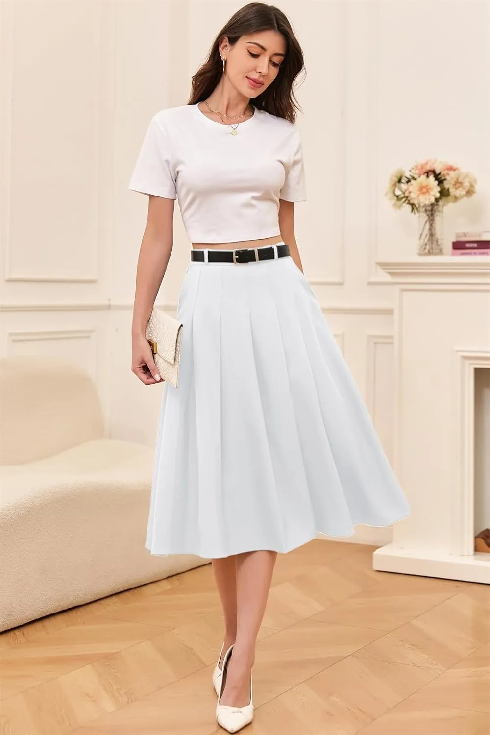 Cromoncent Girls Womens High Waist Pleated Long Skirt with Pockets