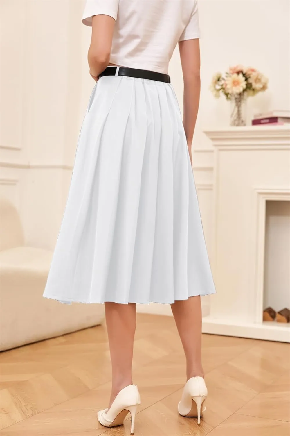 Cromoncent Girls Womens High Waist Pleated Long Skirt with Pockets