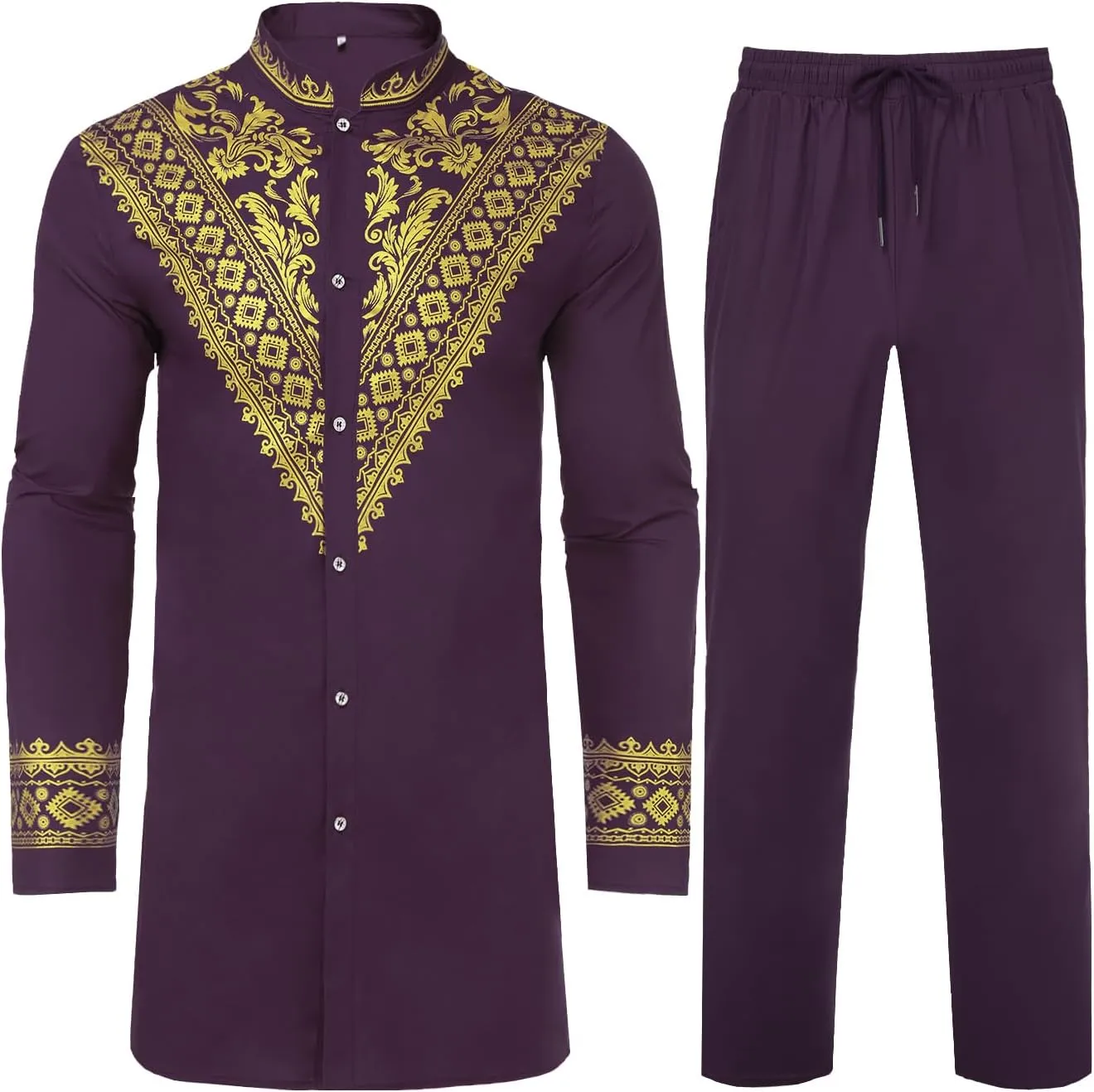 Daupanzees Men's African 2 Piece Set Luxury Traditional Suit Stamp Print Dashiki Button Down Shirt and Pants Outfit