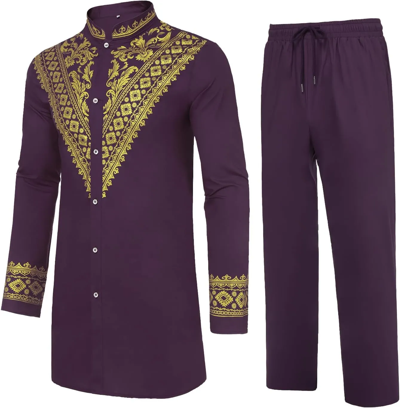 Daupanzees Men's African 2 Piece Set Luxury Traditional Suit Stamp Print Dashiki Button Down Shirt and Pants Outfit
