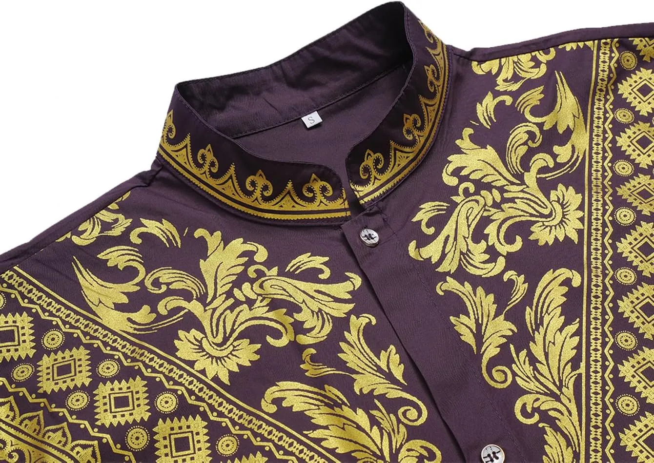 Daupanzees Men's African 2 Piece Set Luxury Traditional Suit Stamp Print Dashiki Button Down Shirt and Pants Outfit