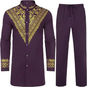 Daupanzees Men's African 2 Piece Set Luxury Traditional Suit Stamp Print Dashiki Button Down Shirt and Pants Outfit