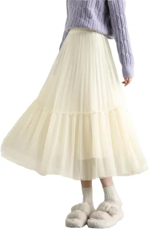 DBFBDTU Women Skirts High Waist A-Line Mesh Women's Skirt Elastic Waist Beading Pleated Midi Skirts for Woman
