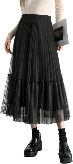 DBFBDTU Women Skirts High Waist A-Line Mesh Women's Skirt Elastic Waist Beading Pleated Midi Skirts for Woman