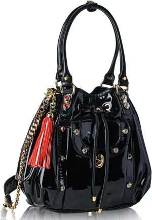 Designer Bucket Bag Purse Onyx Patent Leather Drawstring Tote Italian Handbag