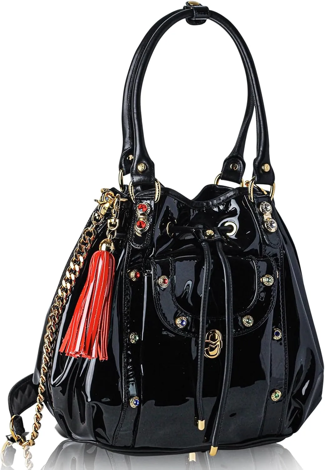 Designer Bucket Bag Purse Onyx Patent Leather Drawstring Tote Italian Handbag