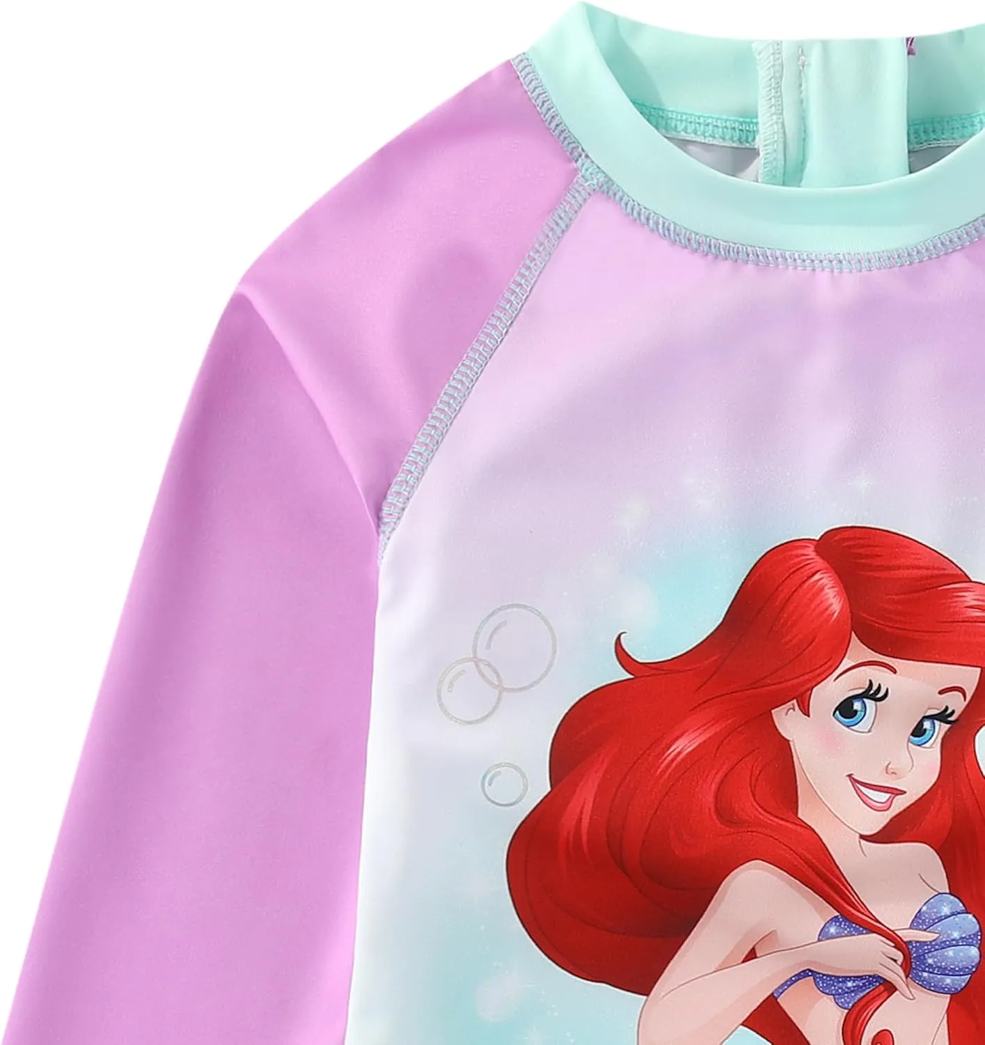 Disney The Little Mermaid Girls UPF 50  One Piece Long Sleeve Rash Guard Bathing Suit for Toddler and Big Kids
