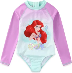 Disney The Little Mermaid Girls UPF 50  One Piece Long Sleeve Rash Guard Bathing Suit for Toddler and Big Kids
