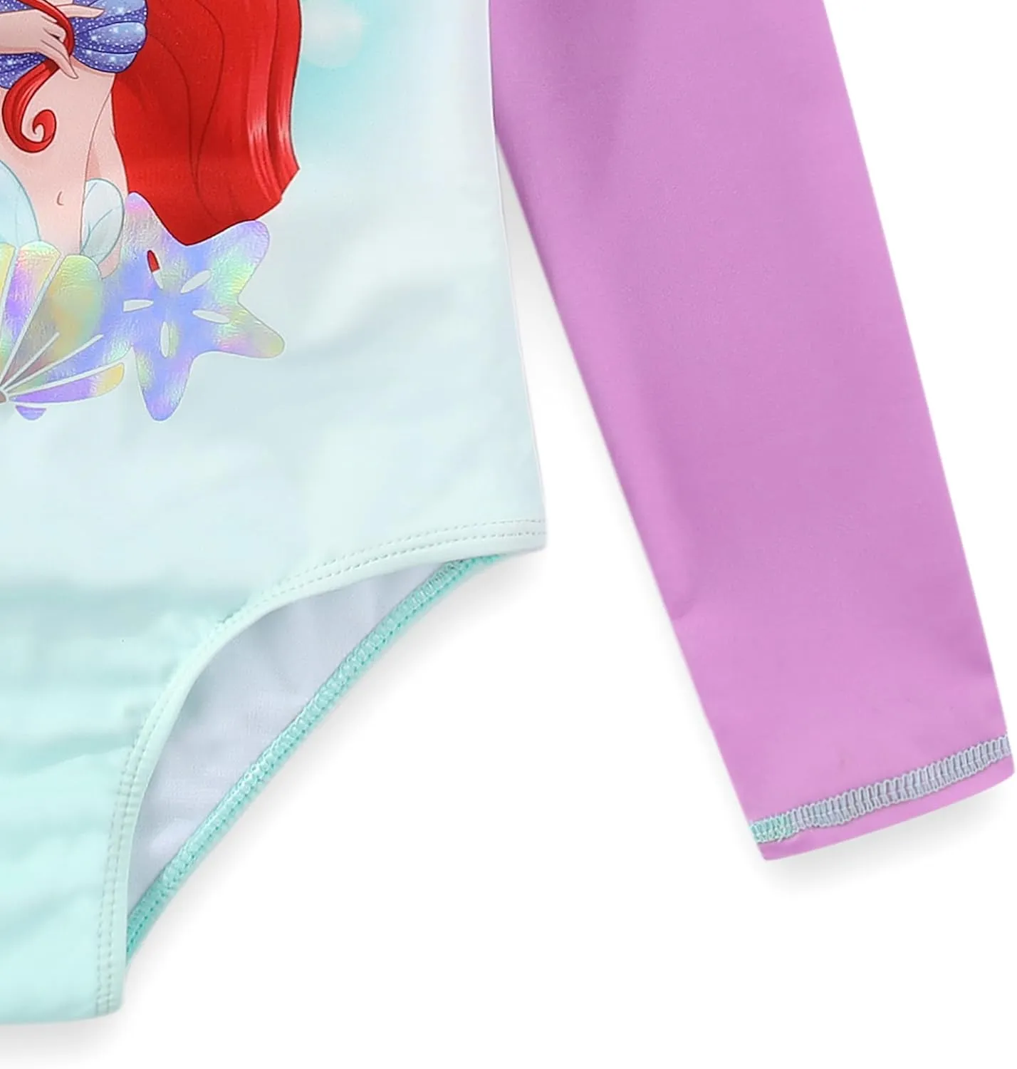 Disney The Little Mermaid Girls UPF 50  One Piece Long Sleeve Rash Guard Bathing Suit for Toddler and Big Kids
