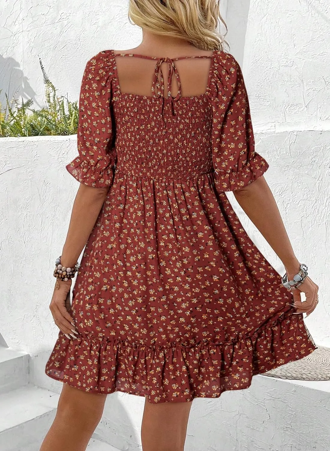 Dokotoo Womens Casual Summer Dresses Short Sleeve Square Neck Smocked Boho Floral Sundress Flowy A-Line Mini Dress