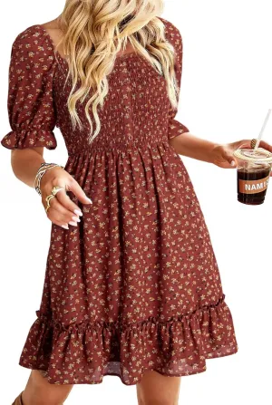 Dokotoo Womens Casual Summer Dresses Short Sleeve Square Neck Smocked Boho Floral Sundress Flowy A-Line Mini Dress