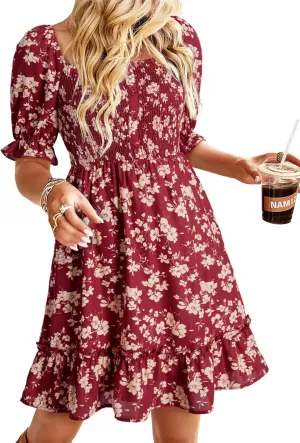 Dokotoo Womens Casual Summer Dresses Short Sleeve Square Neck Smocked Boho Floral Sundress Flowy A-Line Mini Dress