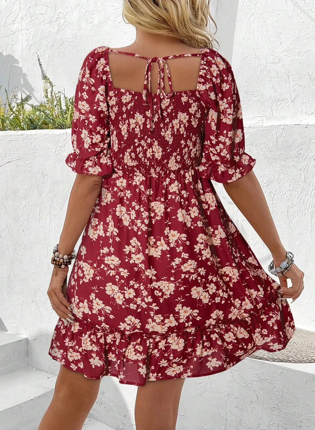 Dokotoo Womens Casual Summer Dresses Short Sleeve Square Neck Smocked Boho Floral Sundress Flowy A-Line Mini Dress