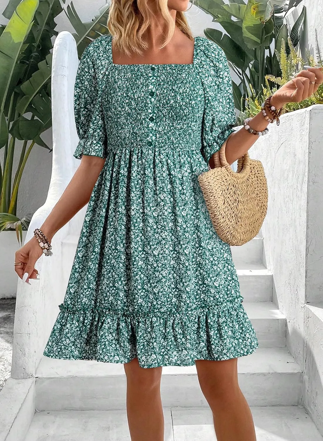 Dokotoo Womens Casual Summer Dresses Short Sleeve Square Neck Smocked Boho Floral Sundress Flowy A-Line Mini Dress