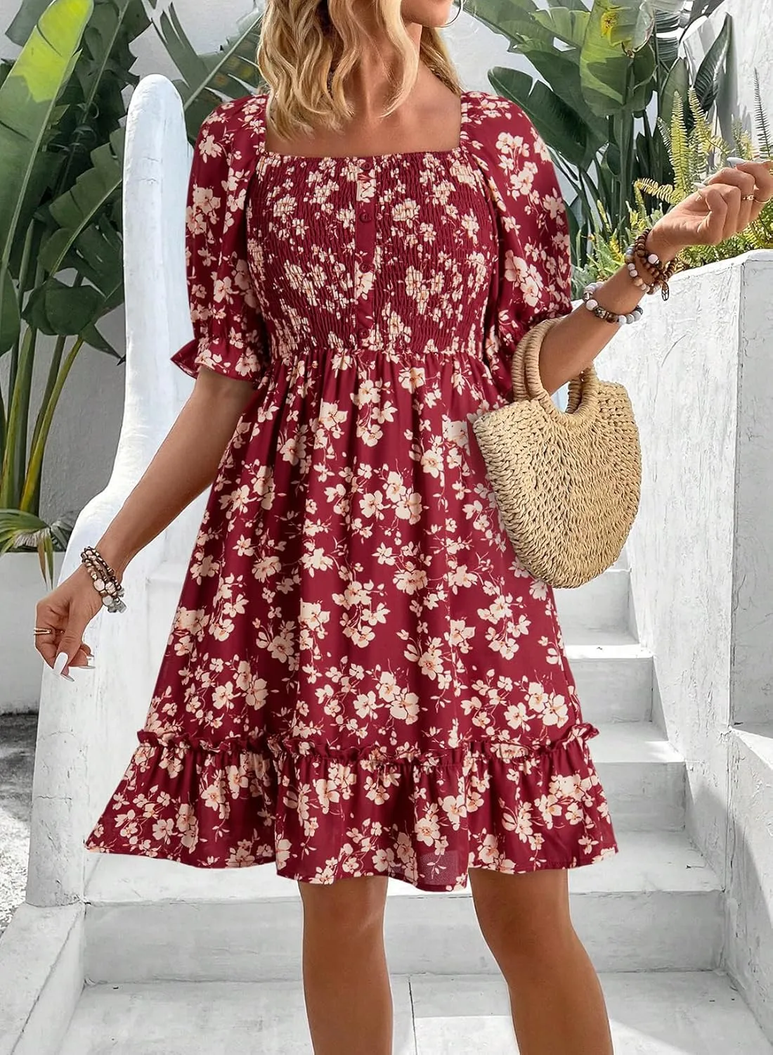 Dokotoo Womens Casual Summer Dresses Short Sleeve Square Neck Smocked Boho Floral Sundress Flowy A-Line Mini Dress