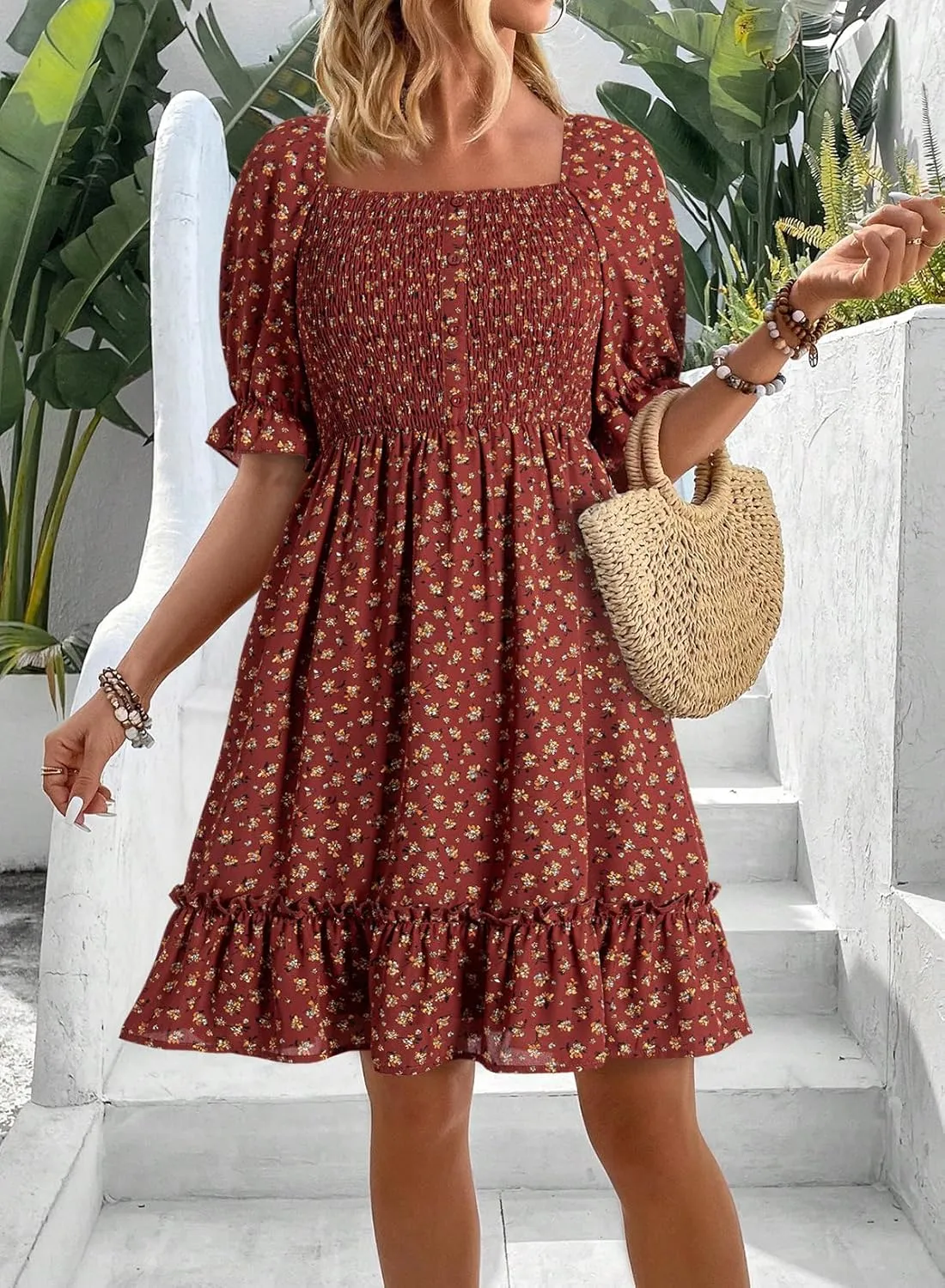 Dokotoo Womens Casual Summer Dresses Short Sleeve Square Neck Smocked Boho Floral Sundress Flowy A-Line Mini Dress
