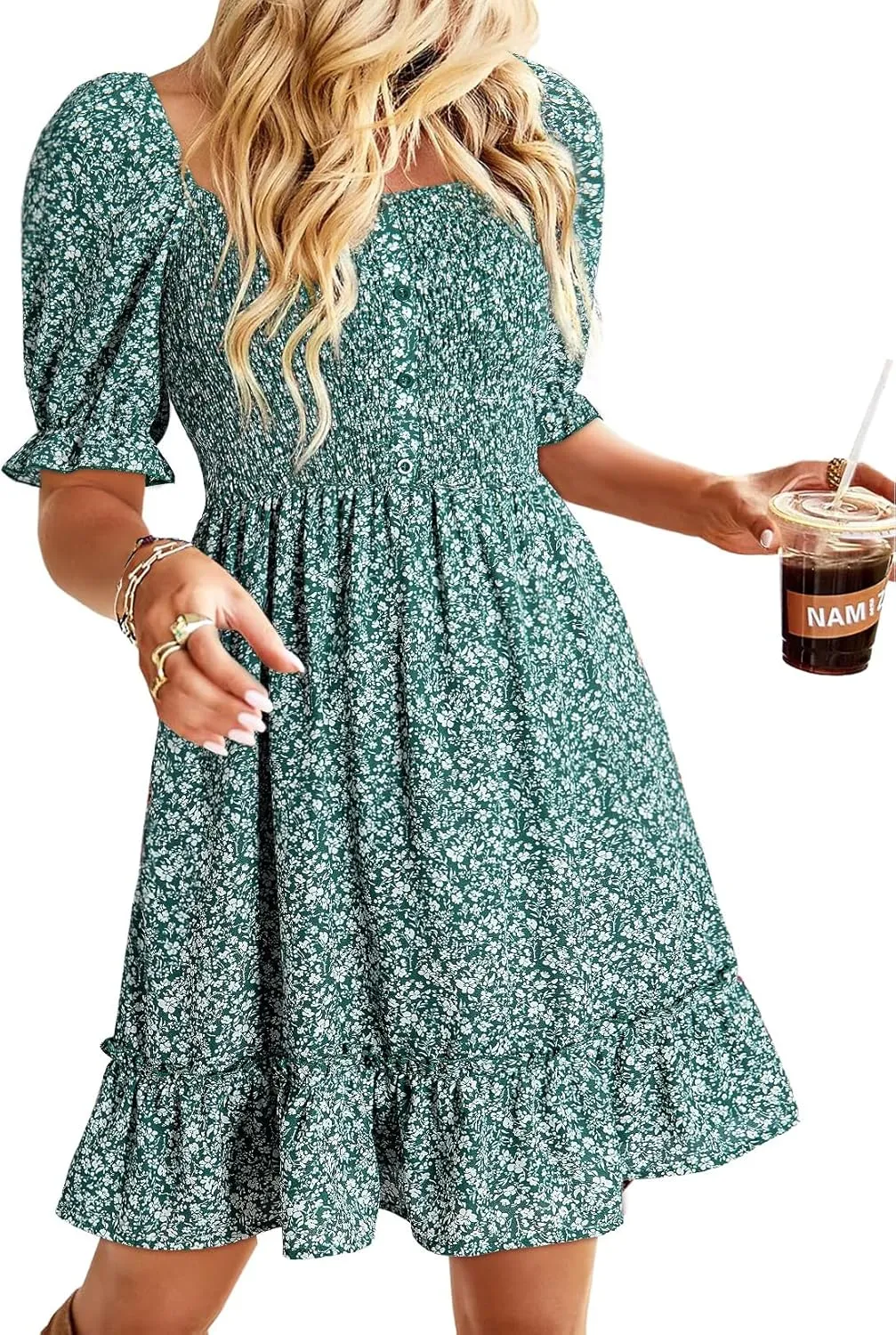 Dokotoo Womens Casual Summer Dresses Short Sleeve Square Neck Smocked Boho Floral Sundress Flowy A-Line Mini Dress