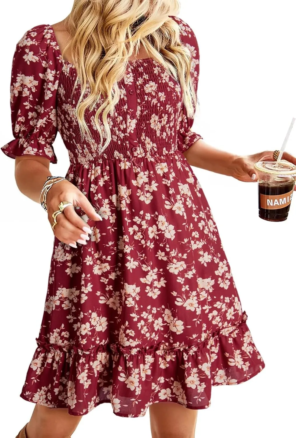 Dokotoo Womens Casual Summer Dresses Short Sleeve Square Neck Smocked Boho Floral Sundress Flowy A-Line Mini Dress