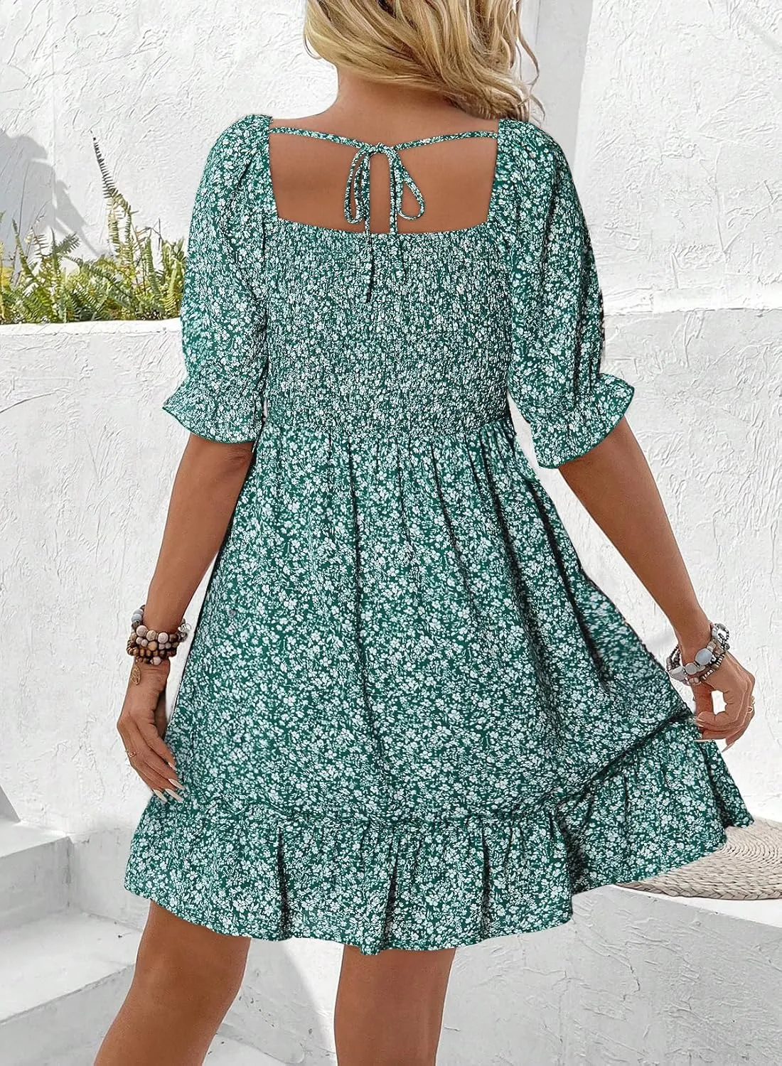 Dokotoo Womens Casual Summer Dresses Short Sleeve Square Neck Smocked Boho Floral Sundress Flowy A-Line Mini Dress